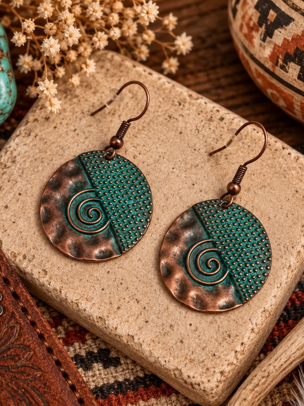 Turquoise Patina Spiral Round Drop Earrings New